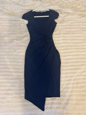 Boohoo Navy Asymmetrical Cap-Sleeve Wrap Dress
